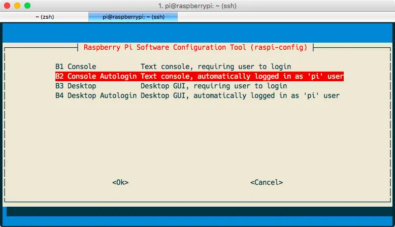 Raspberry Pi Benutzer automatisch anmelden: raspi-config - Console Autologin Text console, automatically logged in as 'pi' user