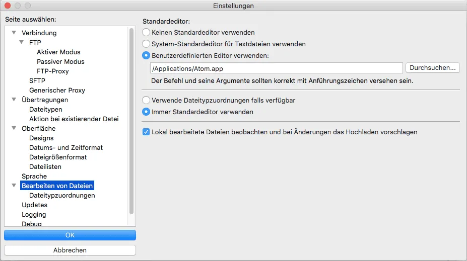 Atom Editor als Standart Editor für Filezilla Einstellungen