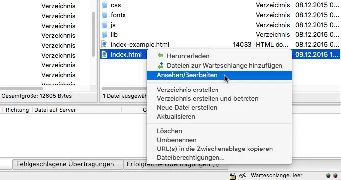 Filezilla "Ansehen/Bearbeiten"