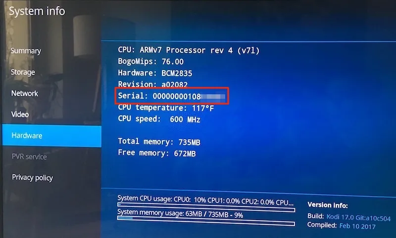 Raspberry Pi 3 Serial Number Nummer LibreELEC 