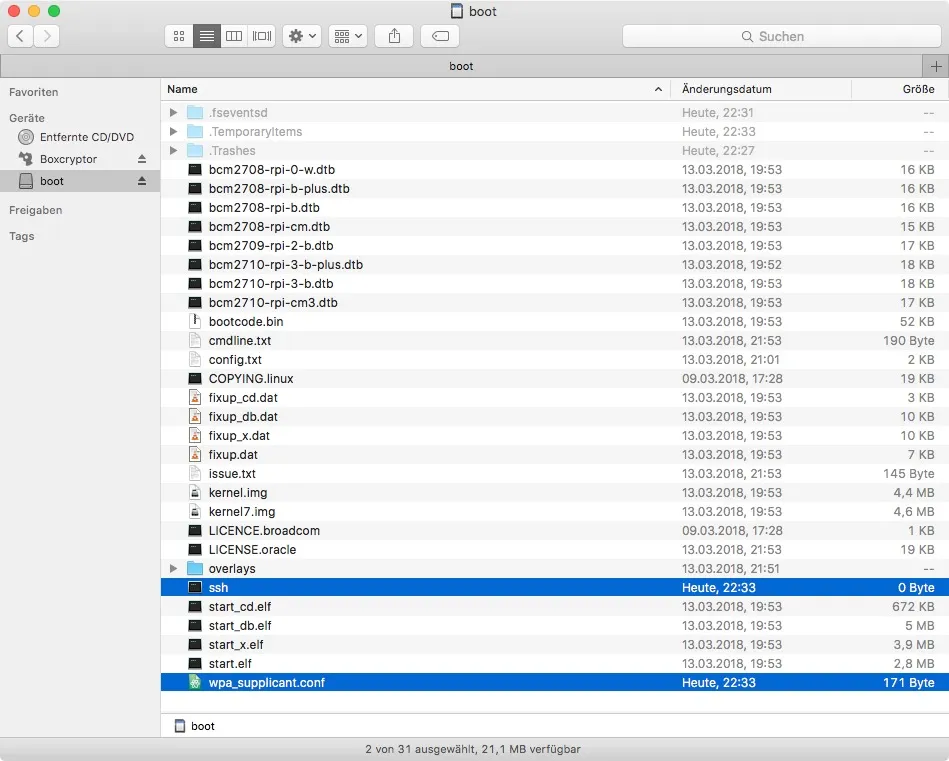 Ordner Struktur Raspbian Image WLAN/WIFI SSH aktivieren