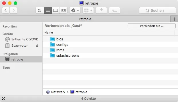 Raspberry Pi RetroPie Rom Spiel kopieren Samba Mac OSX