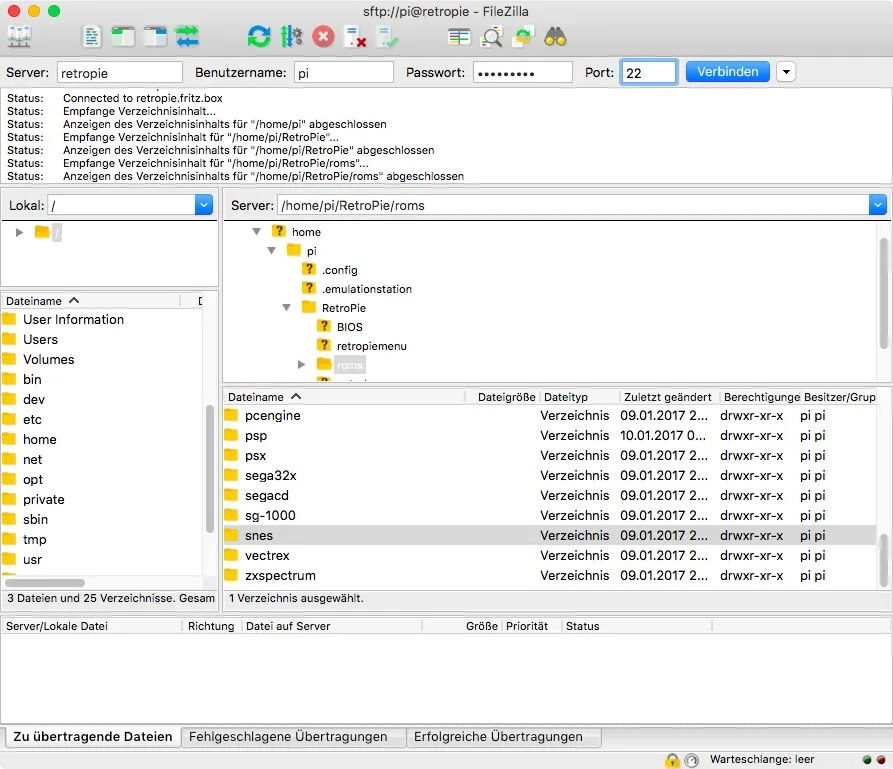 Raspberry Pi RetroPie Rom Spiel kopieren SFTP Filezilla