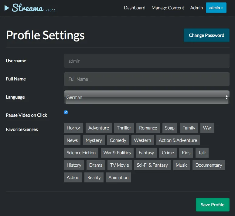 Sprache ändern Deutsch German Streama Netflix video stream self hosted Raspberry Pi Debian Linux Settings Einstellungen
